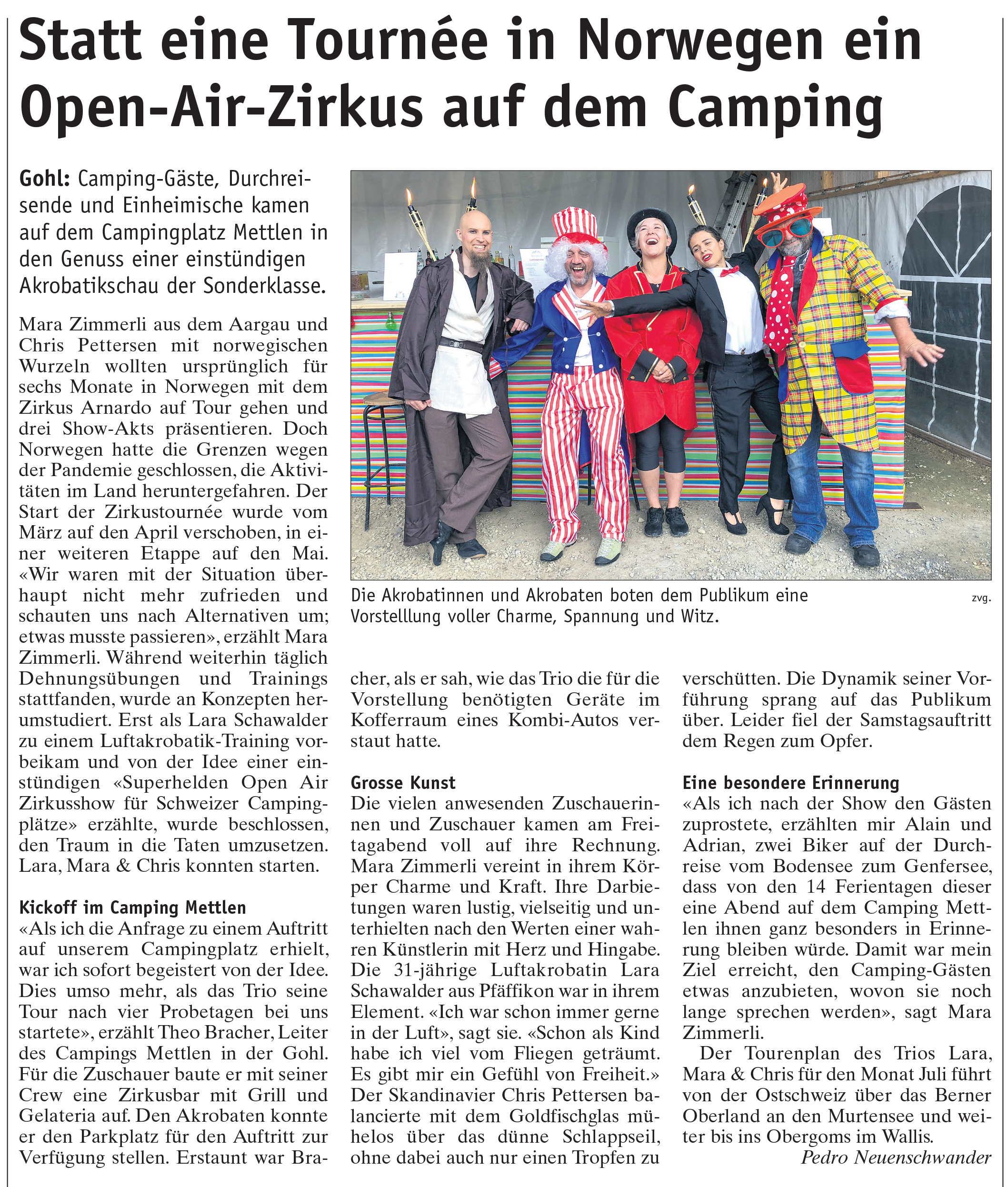 Zirkusshow für Schweizer Campingplätze, zeitungs artikel